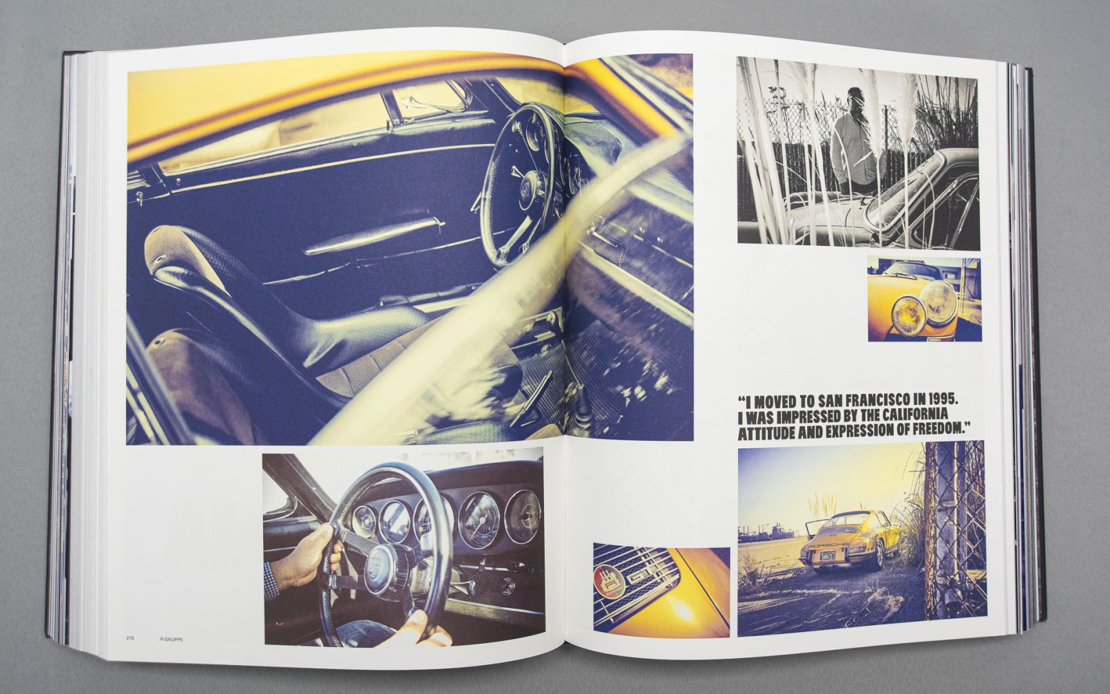 Doppelseite aus dem Buch Frank Kayser: R Gruppe die mehrere Aufnahmen eines Porsche zeigt.