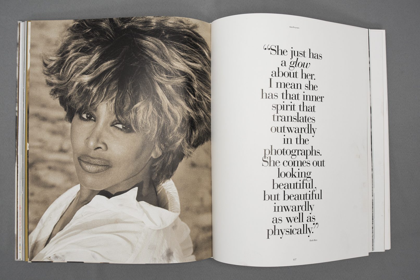 Doppelseite aus dem Buch Tina Turner. Die Seite zeigt Tina Turner sowie ein Zitat.
