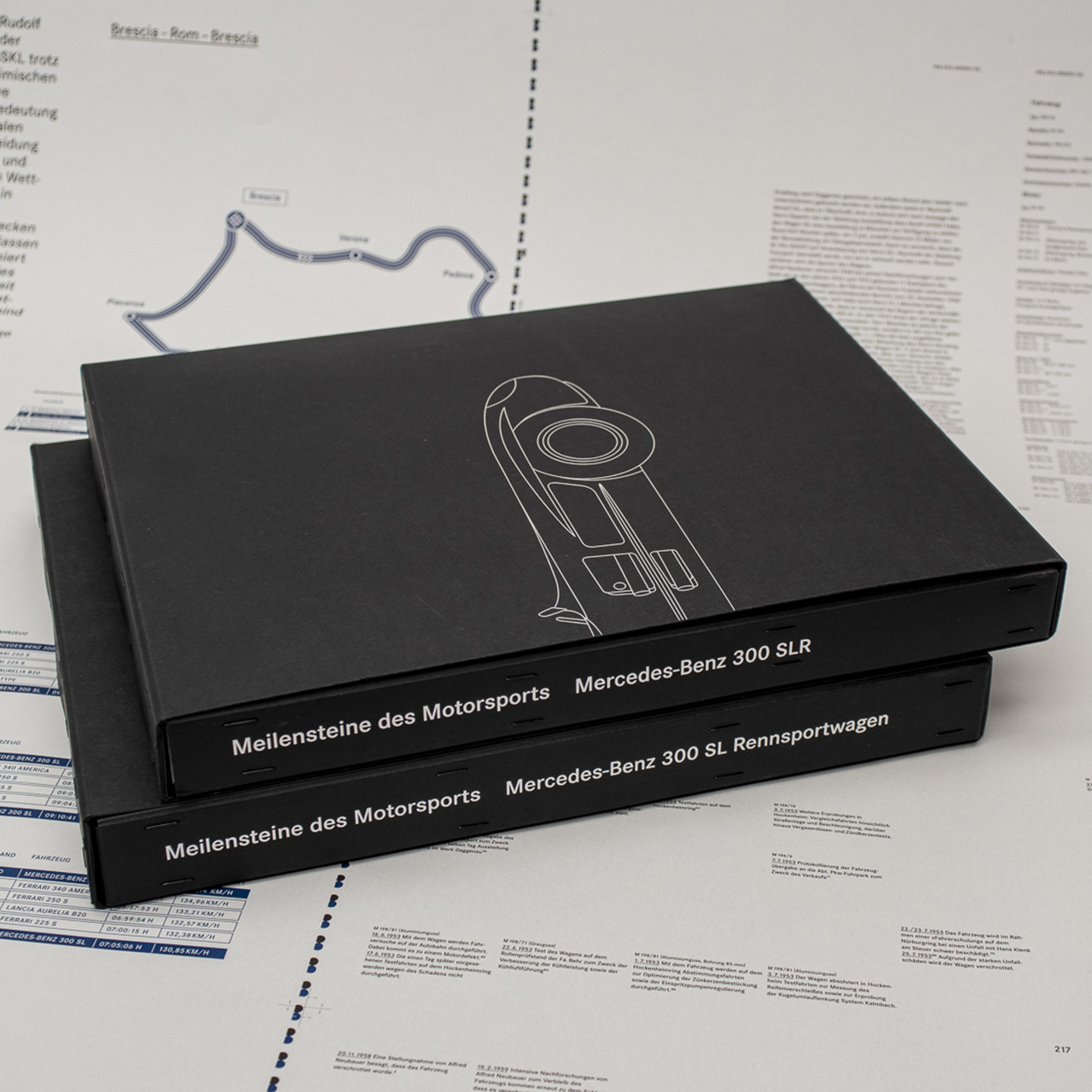 Geklammerter zweiteiliger Leichtschuber mit Heißfolienprägung in Silber, Verpackung für die Publikation Meilensteine des Motorsports.