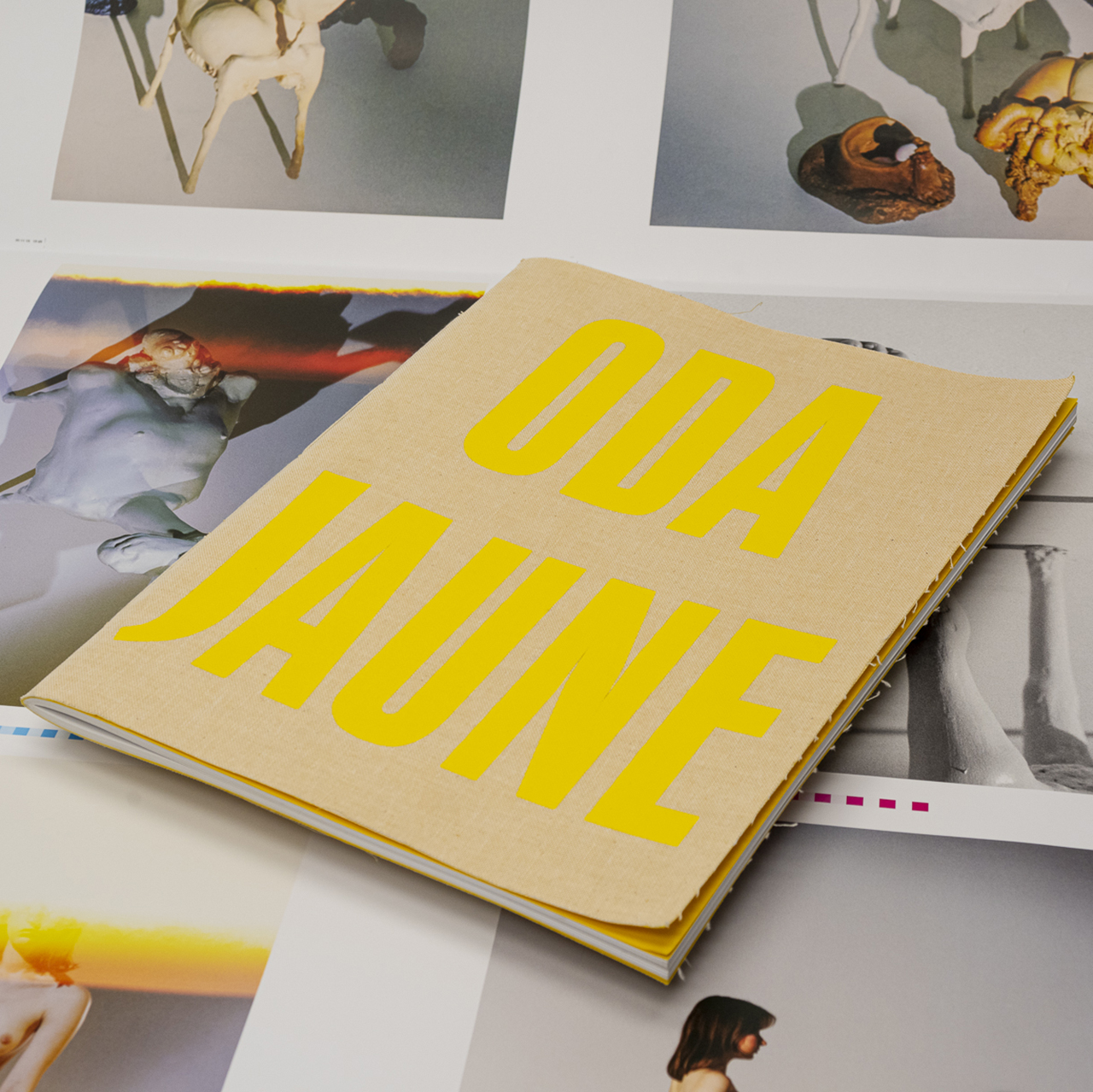 Cover der Broschur Oda Jaune, gelber Siebdruck auf Leinen.